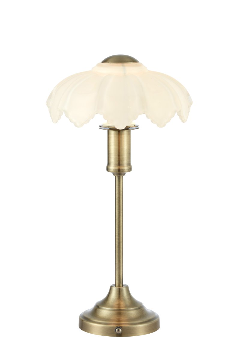 Kurage 35cm Antikmessing/Weiß tragbare Von Markslöjd - Die Lampe ist wiederaufladbar und verf&uuml;gt &uuml;ber einen Touch-Dimmer am Fu&szlig; mit drei Helligkeitsstufen und einstellbarer Farbtemperatur.