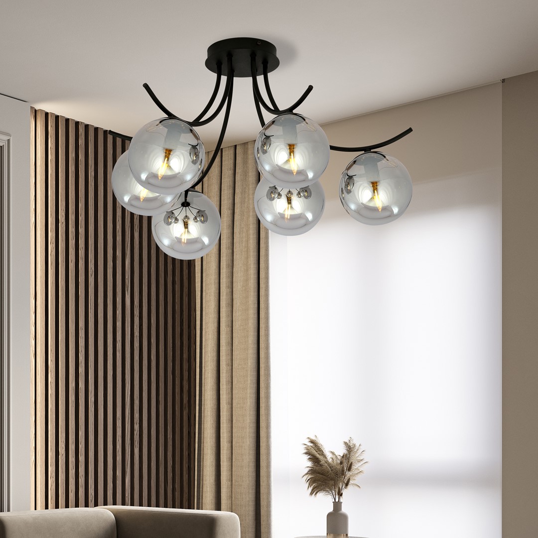 Boston Ø60 Schwarz/Rauchig deckenleuchte Von Emibig Lighting - Die d&uuml;nnen Glaskuppeln verleihen Eleganz und Leichtigkeit, w&auml;hrend die minimalistische Form gr&ouml;&szlig;ere Bereiche effektiv beleuchtet.