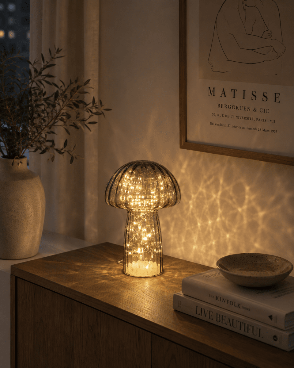 Svamp 23cm Grau tischlampe Von Pixie Design - Entdecken Sie die Eleganz der Glas-Tischleuchte Mushroom &ndash; eine einzigartige Lampe, die Stil und Funktion vereint.
