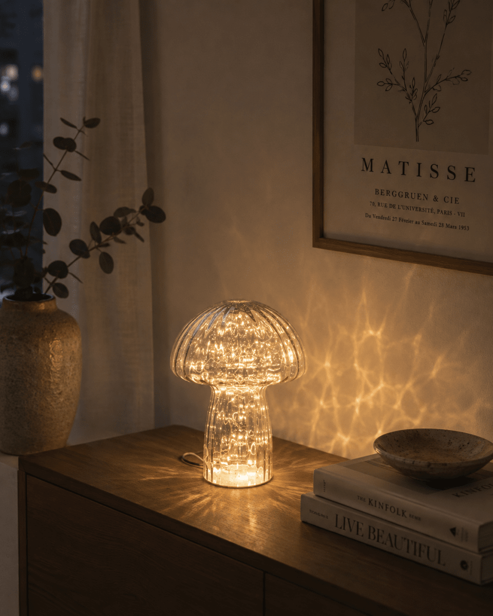 Svamp 23cm Blau tischlampe Von Pixie Design - Entdecken Sie die Eleganz der Glas-Tischleuchte Mushroom &ndash; eine einzigartige Lampe, die Stil und Funktion vereint.
