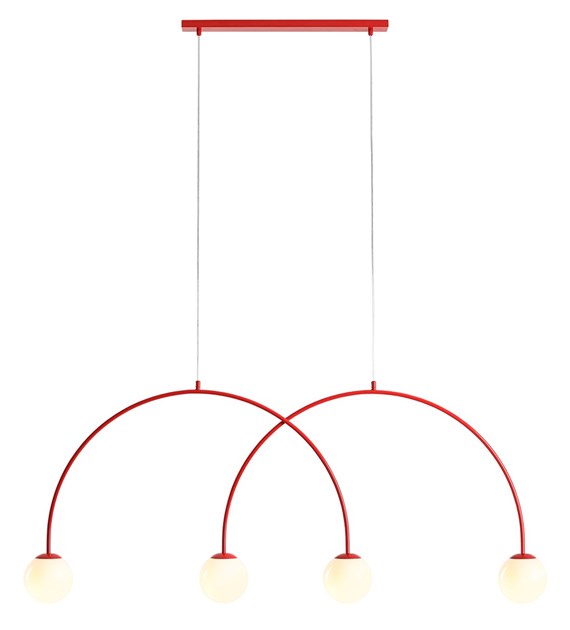 Una 150cm ROT hängelampe Von Artera - Die Kombination aus rotem Metall und den weißen Glasschirmen schafft einen harmonischen Kontrast und verleiht jedem Raum einen Hauch moderner Eleganz.