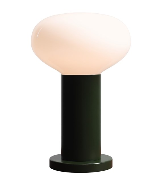 Flo 30cm Dunkelgrün tischlampe Von Artera - Sie hat einen stilvollen Rahmen in Dunkelgrün und einen runden weißen Glasschirm, der ein weiches und angenehmes Licht verbreitet.