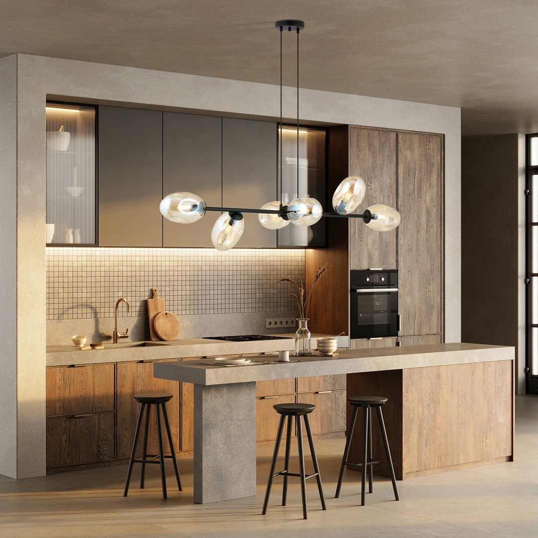 Pandora 120cm Bernstein hängelampe Von Emibig Lighting - Das moderne Design zeichnet sich durch einzigartig geformte Bildschirme aus &ndash; elegant und stromlinienf&ouml;rmig &ndash; was dem Raum sowohl Charme als auch Pers&ouml;nlichkeit verleiht.