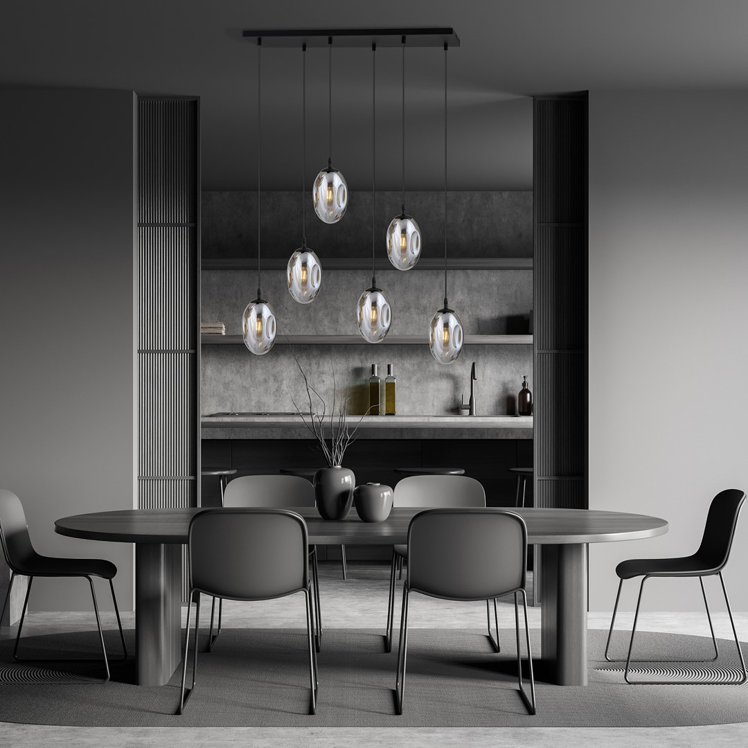 Astral 70cm Rauchfarben hängelampe Von Emibig Lighting - Das großzügige Design mit mehreren herabhängenden Elementen sorgt für ein effektvolles Lichtspiel, während die getönten Glaskuppeln ein sanftes und stimmungsvolles Licht verbreiten.
