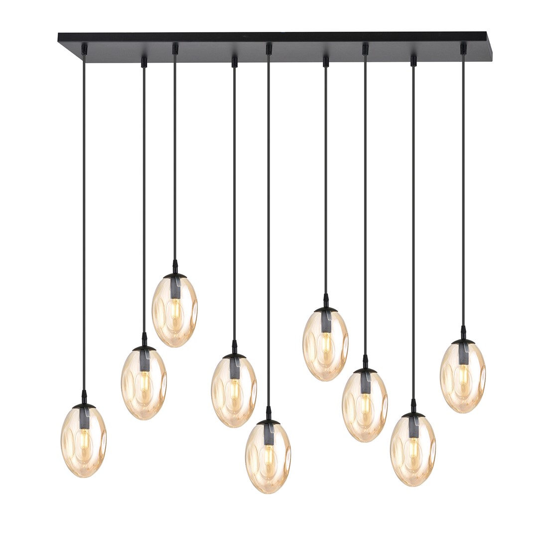 Astral 100cm Bernstein hängelampe Von Emibig Lighting - Das großzügige Design mit mehreren hängenden Elementen sorgt für ein effektvolles Lichtspiel, wobei die bernsteinfarbenen Glaskuppeln ein sanftes und stimmungsvolles Licht verbreiten.