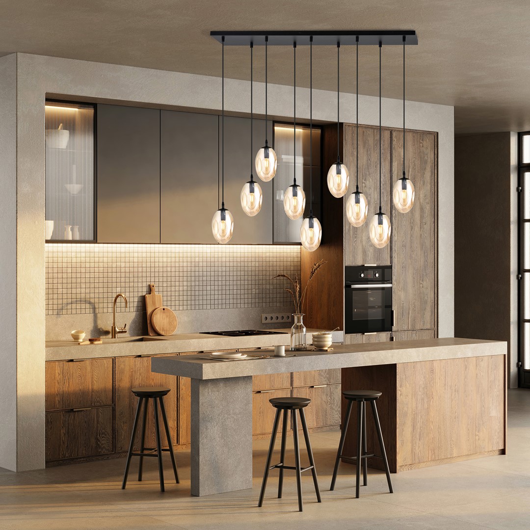 Astral 100cm Bernstein hängelampe Von Emibig Lighting - Das großzügige Design mit mehreren hängenden Elementen sorgt für ein effektvolles Lichtspiel, wobei die bernsteinfarbenen Glaskuppeln ein sanftes und stimmungsvolles Licht verbreiten.