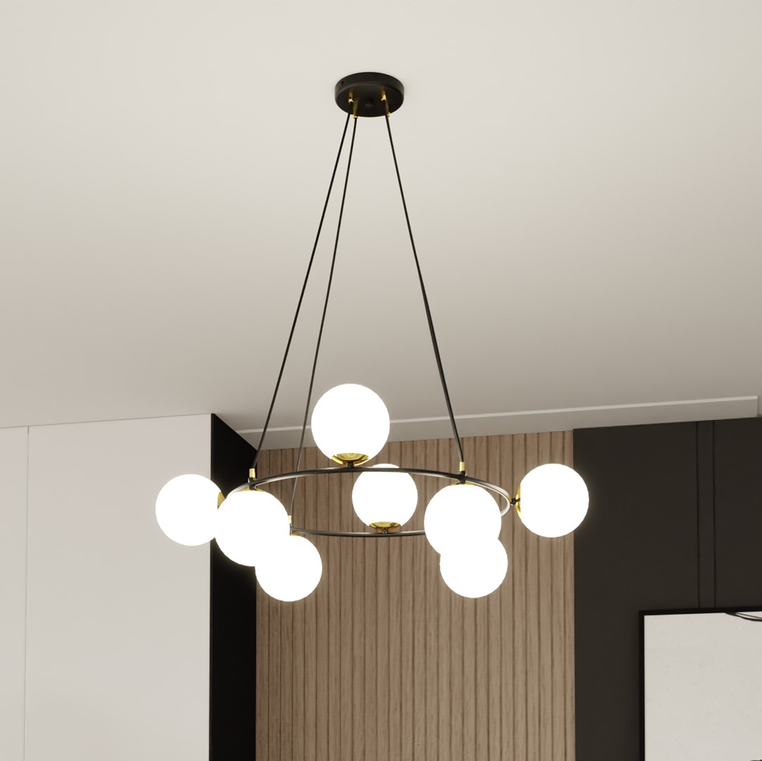 Azura Ø75 Weiß Von Emibig Lighting - Die runde Form der Leuchte mit asymmetrisch angeordneten Schirmen verleiht dem Raum eine einzigartige Atmosph&auml;re und unterstreicht ihren modernen und edlen Charakter.