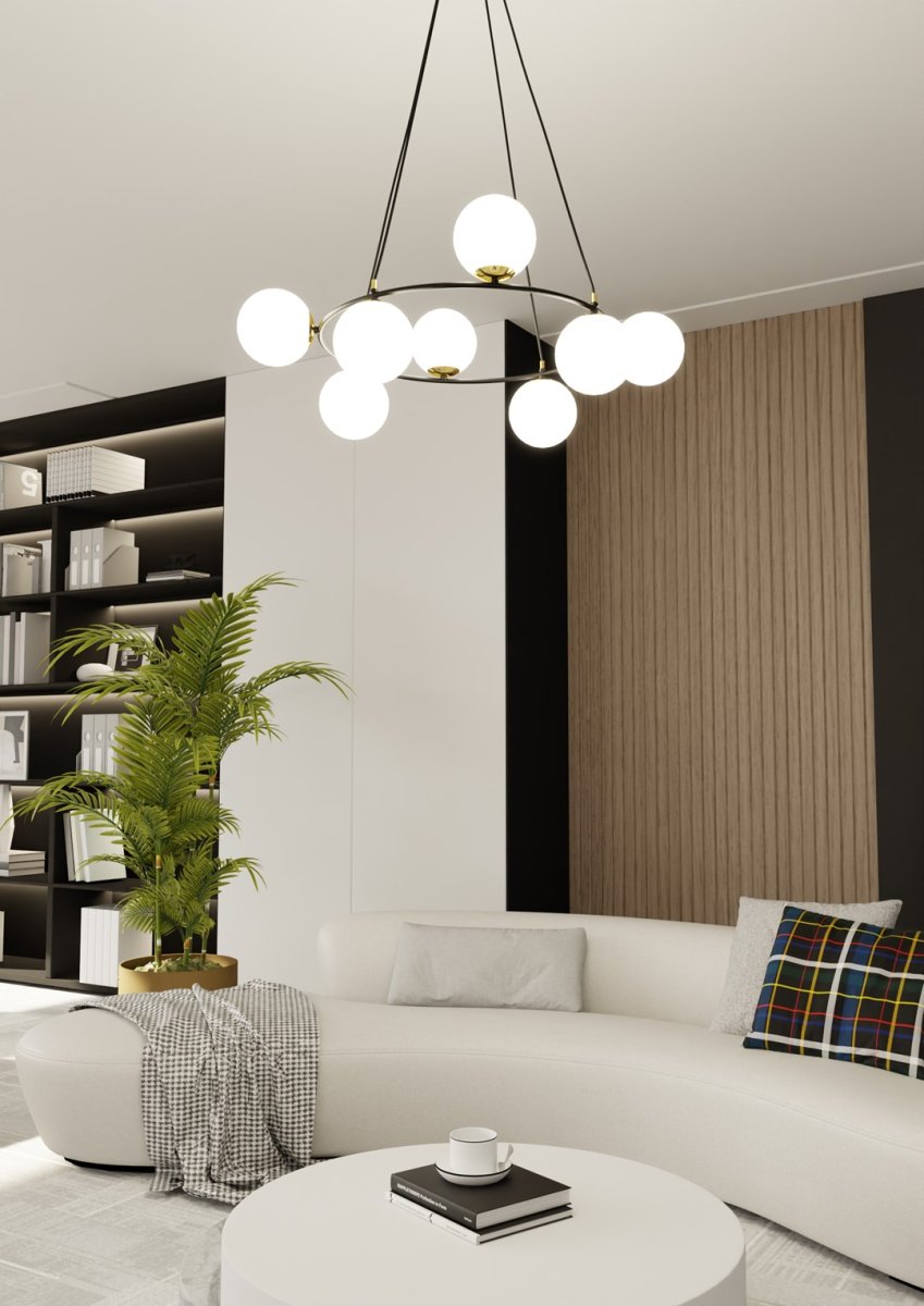 Azura Ø75 Weiß Von Emibig Lighting - Die runde Form der Leuchte mit asymmetrisch angeordneten Schirmen verleiht dem Raum eine einzigartige Atmosph&auml;re und unterstreicht ihren modernen und edlen Charakter.