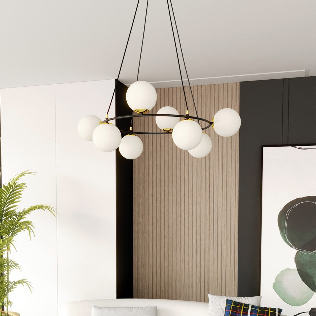 Azura Ø75 Weiß Von Emibig Lighting - Die runde Form der Leuchte mit asymmetrisch angeordneten Schirmen verleiht dem Raum eine einzigartige Atmosph&auml;re und unterstreicht ihren modernen und edlen Charakter.