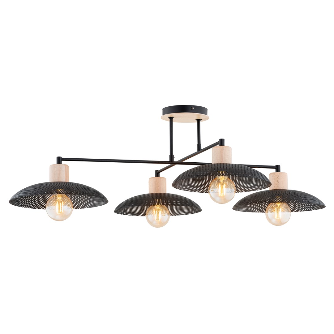 Kobe 100cm Schwarz deckenleuchte Von Emibig Lighting - Eine industrielle Pendelleuchte mit Metallgehäuse wird mit Holzelementen kombiniert und schafft so eine einzigartige Beleuchtung, die jedem Raum Charakter verleiht.