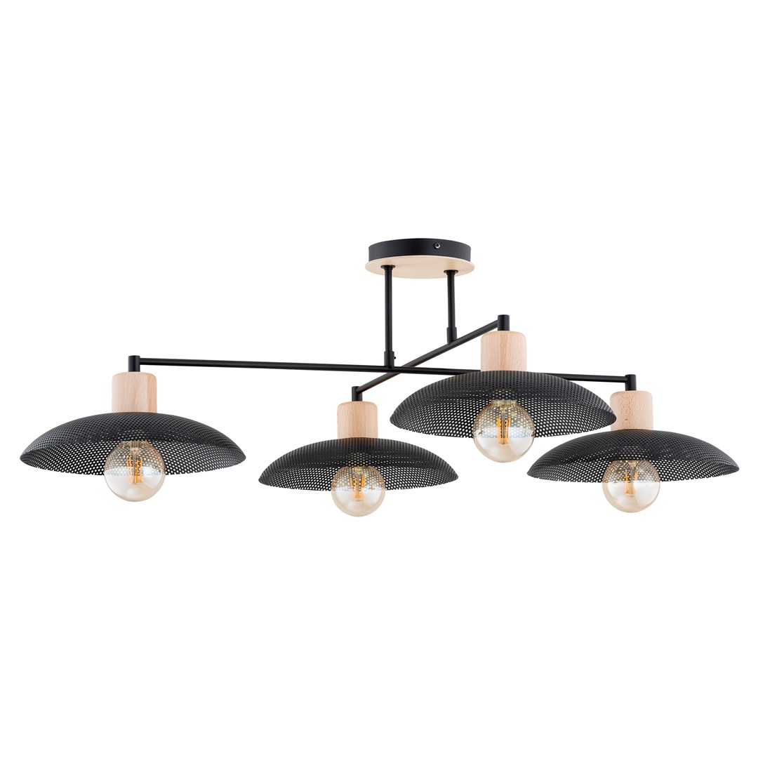 Kobe 100cm Schwarz deckenleuchte Von Emibig Lighting - Eine industrielle Pendelleuchte mit Metallgehäuse wird mit Holzelementen kombiniert und schafft so eine einzigartige Beleuchtung, die jedem Raum Charakter verleiht.