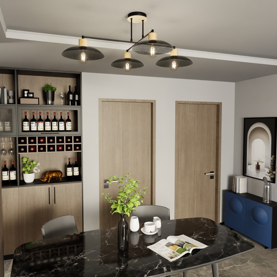 Kobe 100cm Schwarz deckenleuchte Von Emibig Lighting - Eine industrielle Pendelleuchte mit Metallgehäuse wird mit Holzelementen kombiniert und schafft so eine einzigartige Beleuchtung, die jedem Raum Charakter verleiht.