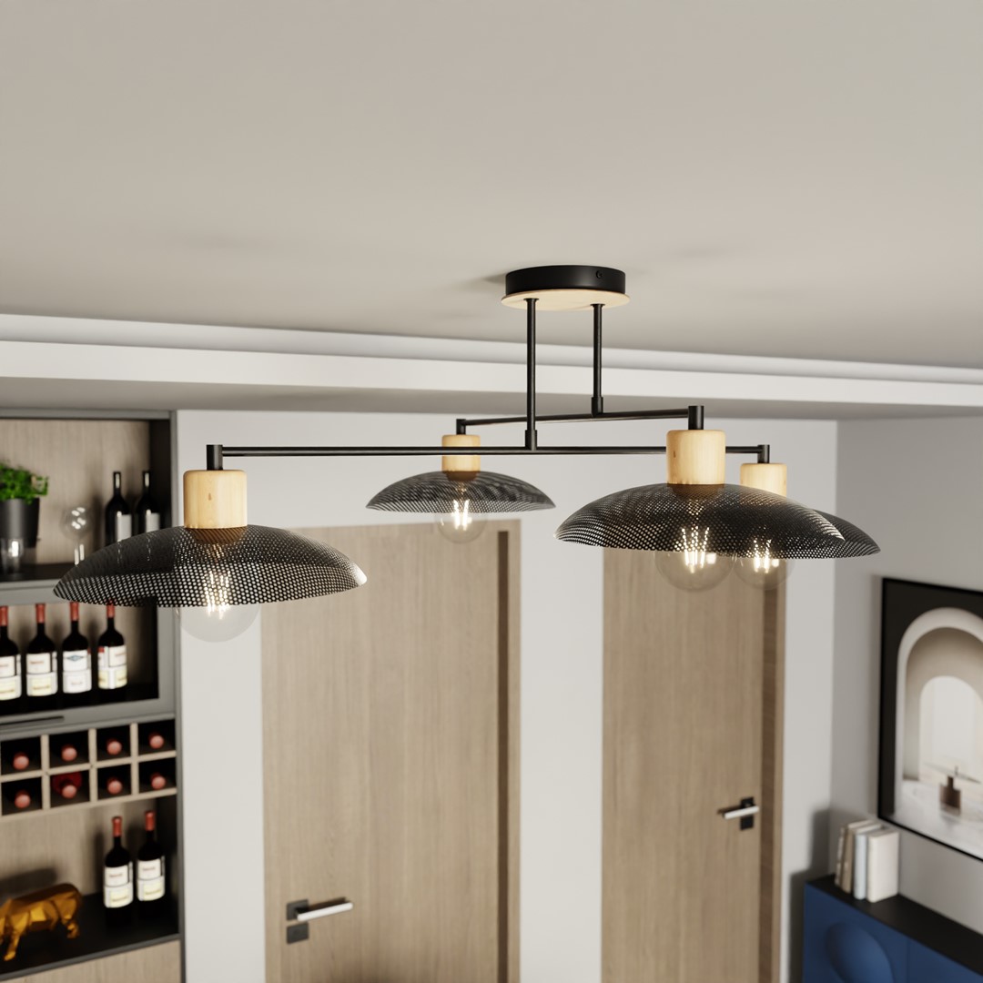 Kobe 100cm Schwarz deckenleuchte Von Emibig Lighting - Eine industrielle Pendelleuchte mit Metallgehäuse wird mit Holzelementen kombiniert und schafft so eine einzigartige Beleuchtung, die jedem Raum Charakter verleiht.