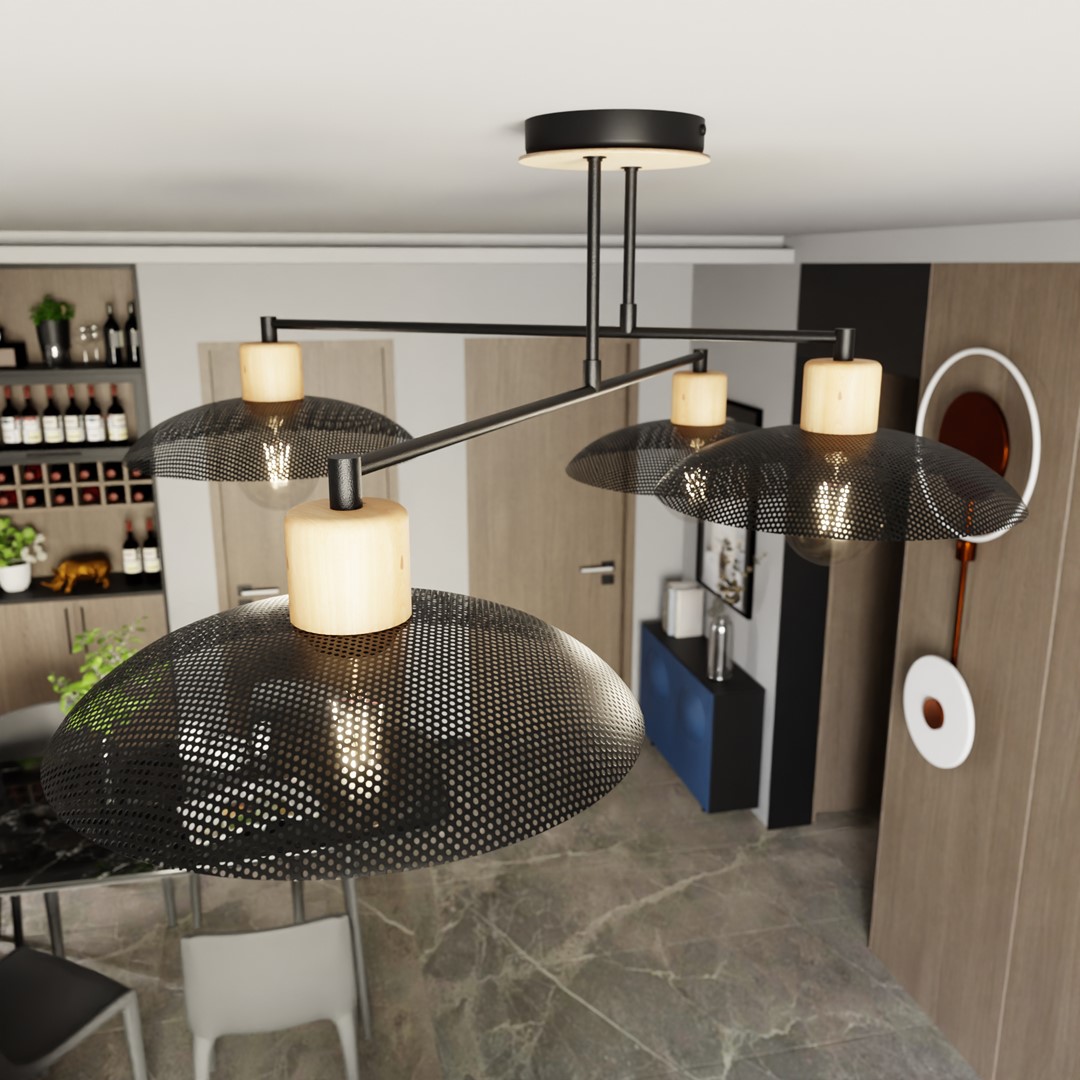 Kobe 100cm Schwarz deckenleuchte Von Emibig Lighting - Eine industrielle Pendelleuchte mit Metallgehäuse wird mit Holzelementen kombiniert und schafft so eine einzigartige Beleuchtung, die jedem Raum Charakter verleiht.