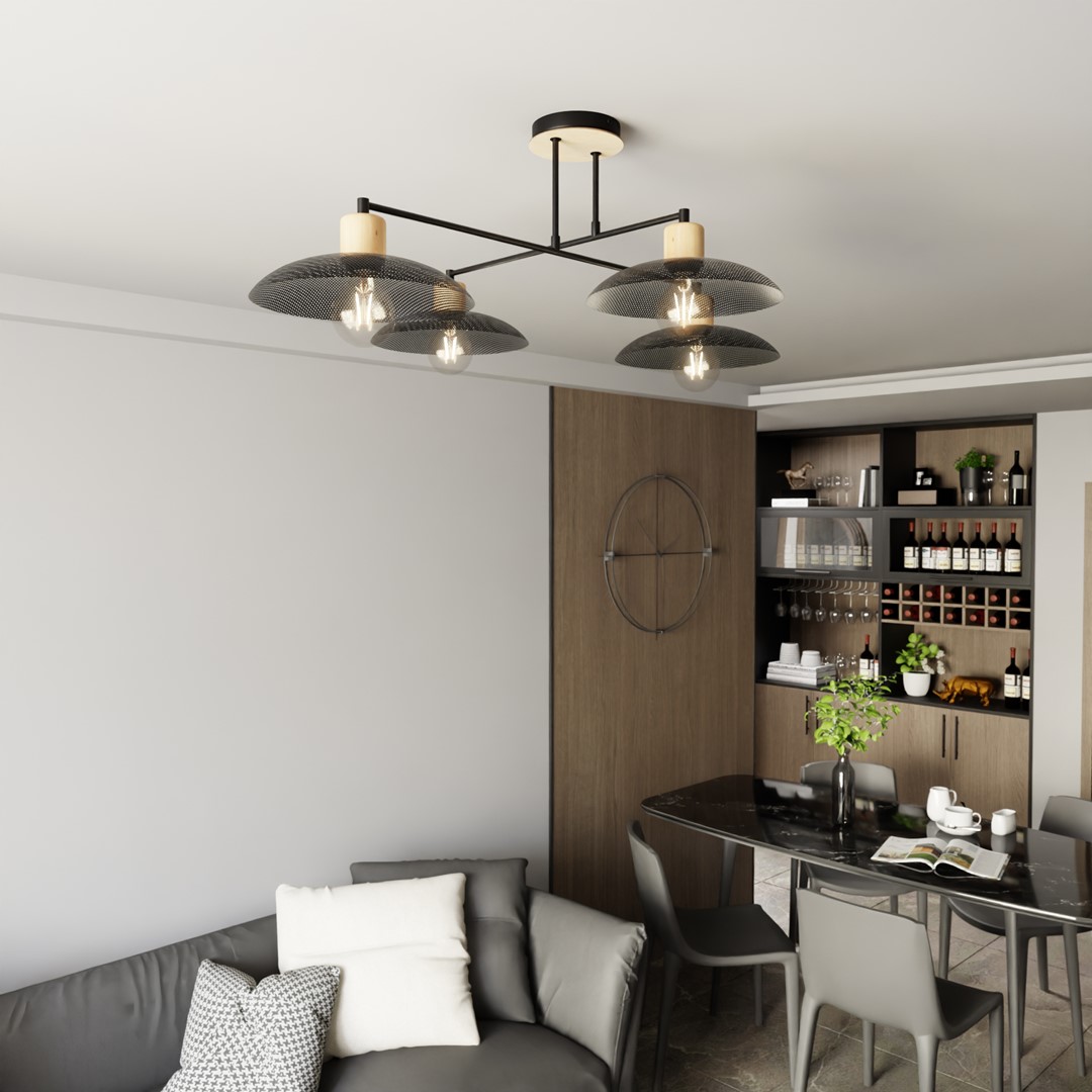 Kobe 100cm Schwarz deckenleuchte Von Emibig Lighting - Eine industrielle Pendelleuchte mit Metallgehäuse wird mit Holzelementen kombiniert und schafft so eine einzigartige Beleuchtung, die jedem Raum Charakter verleiht.