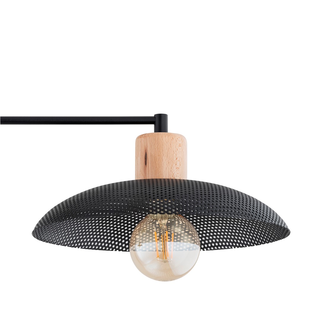 Kobe 100cm Schwarz deckenleuchte Von Emibig Lighting - Eine industrielle Pendelleuchte mit Metallgehäuse wird mit Holzelementen kombiniert und schafft so eine einzigartige Beleuchtung, die jedem Raum Charakter verleiht.