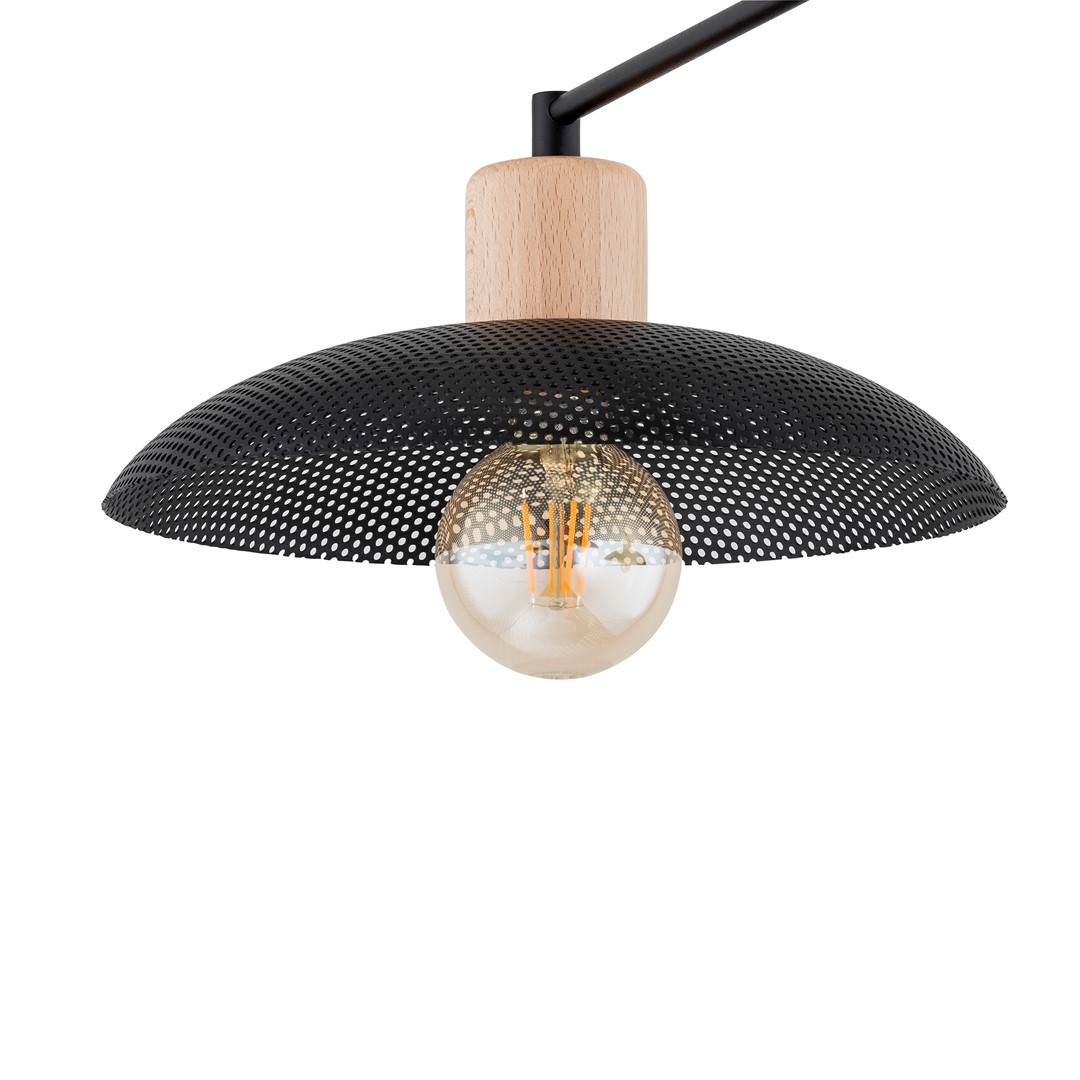 Kobe 100cm Schwarz deckenleuchte Von Emibig Lighting - Eine industrielle Pendelleuchte mit Metallgehäuse wird mit Holzelementen kombiniert und schafft so eine einzigartige Beleuchtung, die jedem Raum Charakter verleiht.