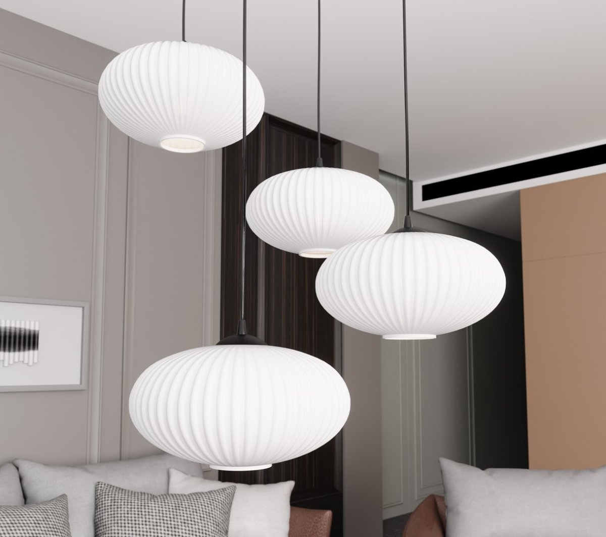 Coco Ø70 Weiß hängelampe Von Emibig Lighting - Die stilvollen Opalglaskuppeln verbreiten ein blendfreies Licht, das dem Raum eine leichte und weiche Atmosph&auml;re verleiht.