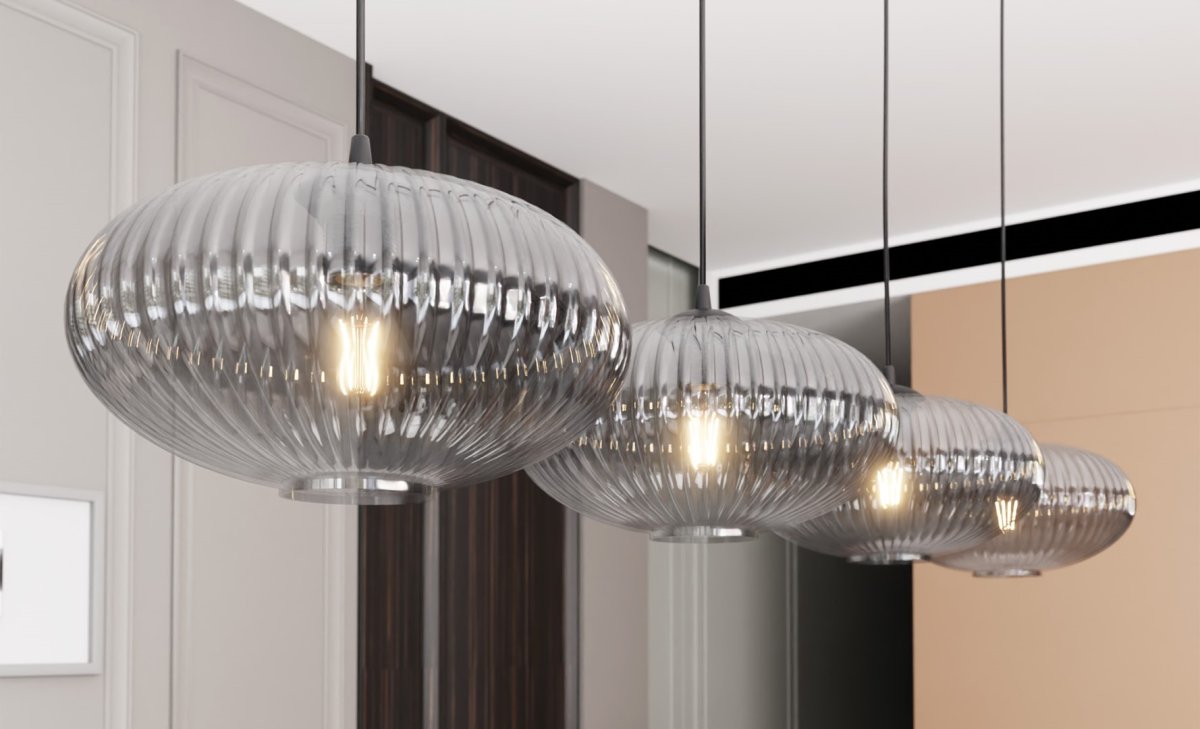 Coco 140cm Rauchfarben hängelampe Von Emibig Lighting - Die stilvollen Rauchglasschirme verbreiten ein warmes Licht, das dem Raum eine leichte und weiche Atmosph&auml;re verleiht.
