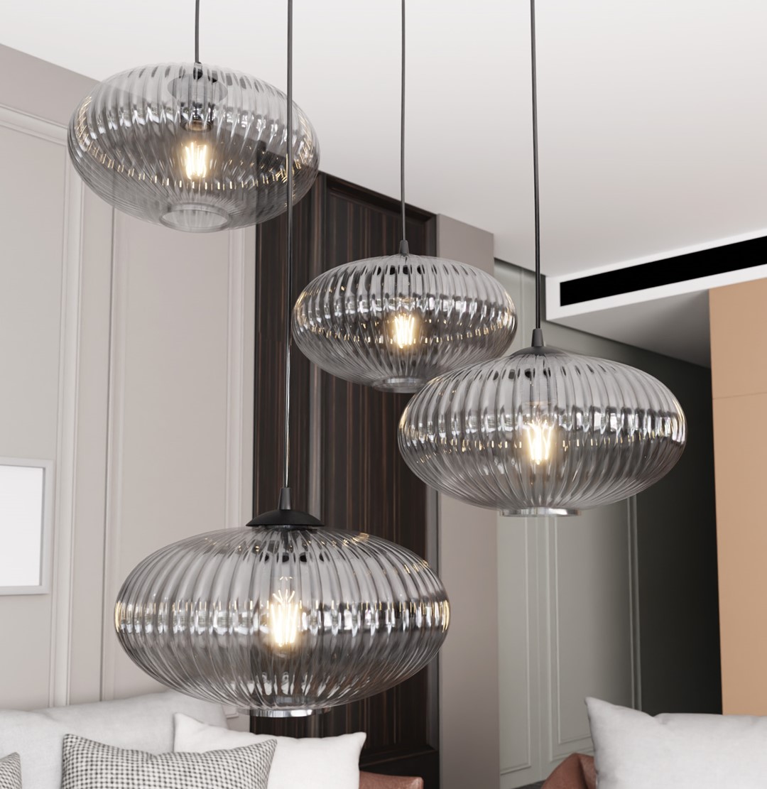 Coco Ø70 Rauchfarben hängelampe Von Emibig Lighting - Die stilvollen Rauchglasschirme verbreiten ein warmes Licht, das dem Raum eine leichte und weiche Atmosph&auml;re verleiht.