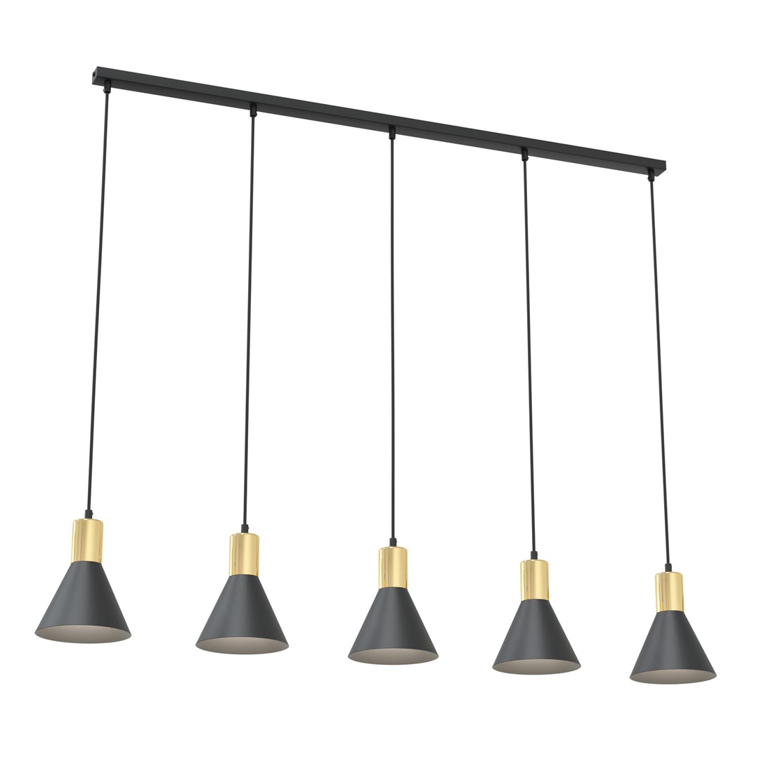 Rosa 116cm Schwarz hängelampe Von Emibig Lighting - Die kegelf&ouml;rmigen Metallschirme verst&auml;rken den industriellen Ausdruck der Lampe, w&auml;hrend die goldfarbenen Details sowohl W&auml;rme als auch Eleganz verleihen.