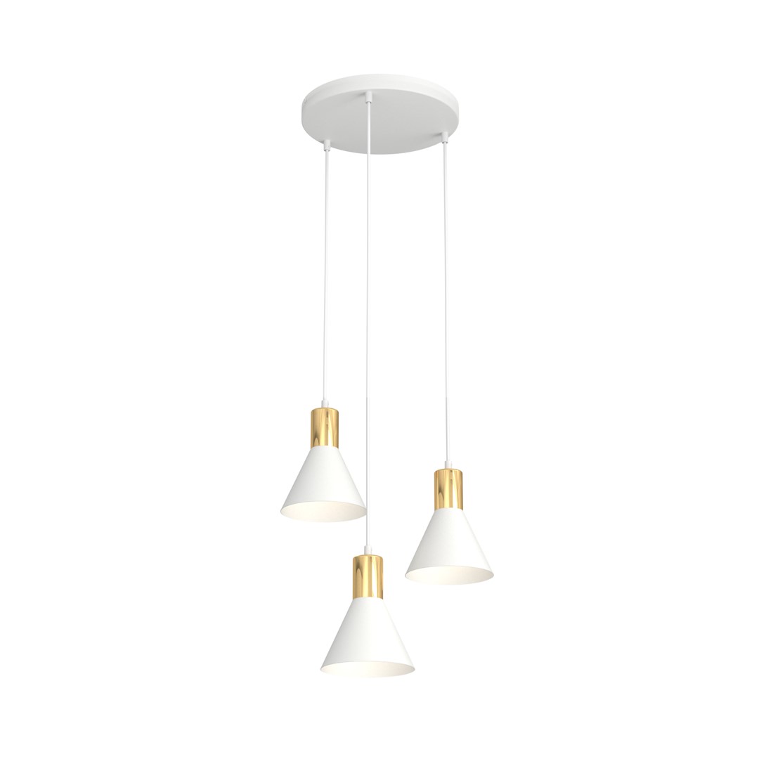 Rosa Ø30 Weiß hängelampe Von Emibig Lighting - Die kegelf&ouml;rmigen Metallschirme verst&auml;rken den industriellen Ausdruck der Lampe, w&auml;hrend die goldfarbenen Details sowohl W&auml;rme als auch Eleganz verleihen.