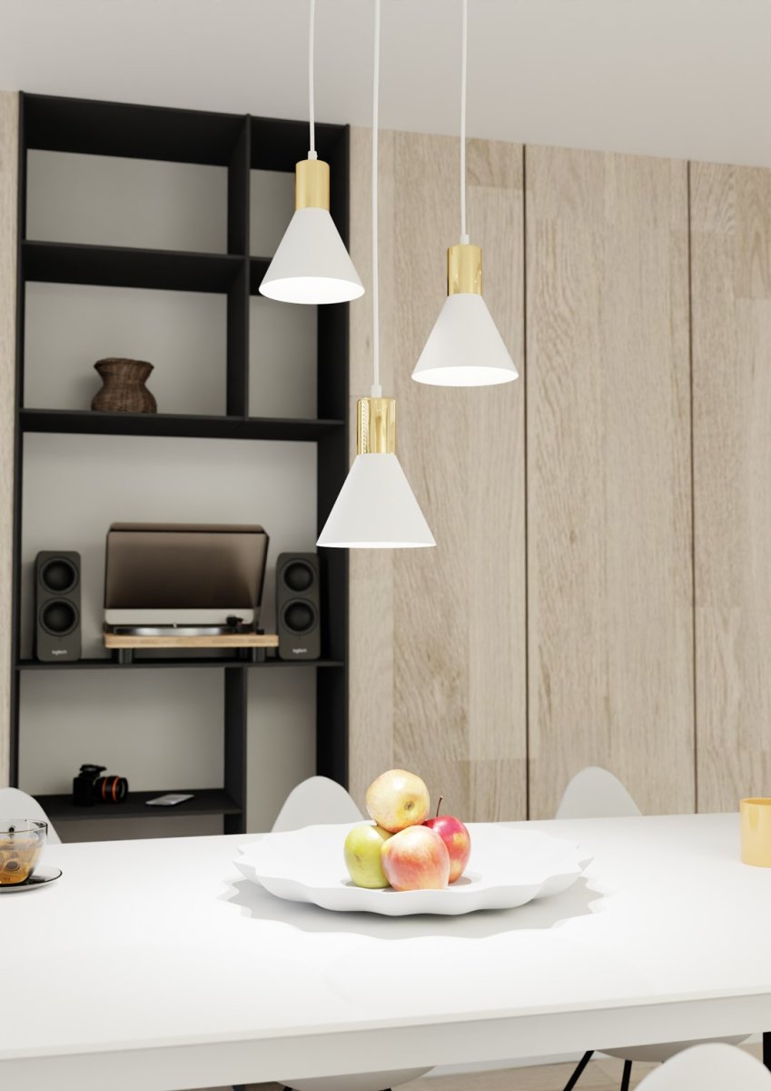 Rosa Ø30 Weiß hängelampe Von Emibig Lighting - Die kegelf&ouml;rmigen Metallschirme verst&auml;rken den industriellen Ausdruck der Lampe, w&auml;hrend die goldfarbenen Details sowohl W&auml;rme als auch Eleganz verleihen.