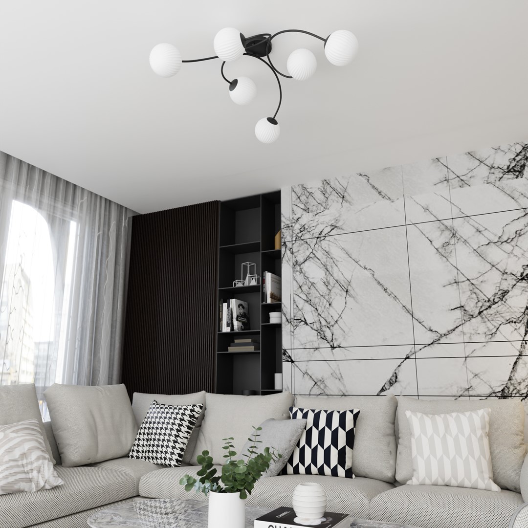 Vibra 97cm Weiß deckenleuchte Von Emibig Lighting - Die Opalglaskuppeln verbreiten ein weiches und diffuses Licht, das dem Raum Leichtigkeit und ein modernes Flair verleiht.