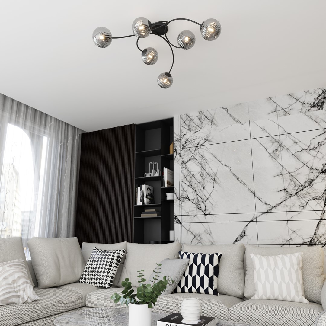 Vibra 97cm Rauchfarben deckenleuchte Von Emibig Lighting - Die Rauchglasschirme verbreiten ein weiches und diffuses Licht, das dem Raum Leichtigkeit und ein modernes Flair verleiht.