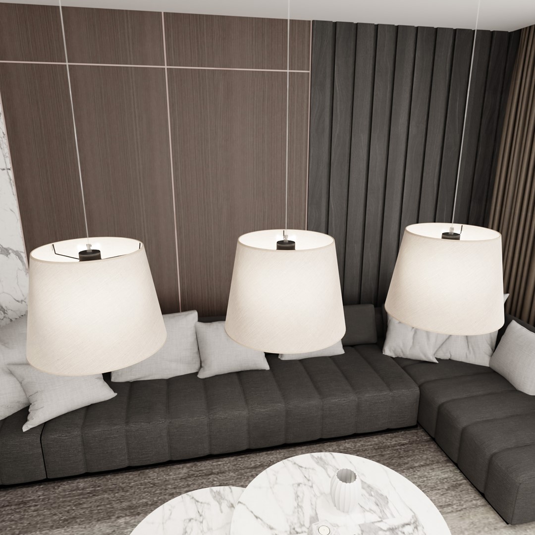 Epoca 116cm Beige hängelampe Von Emibig Lighting - Die Stoffschirme streuen das Licht sanft und schaffen eine warme und gem&uuml;tliche Atmosph&auml;re &ndash; perfekt f&uuml;r das Wohnzimmer, den Esstisch oder die K&uuml;che.