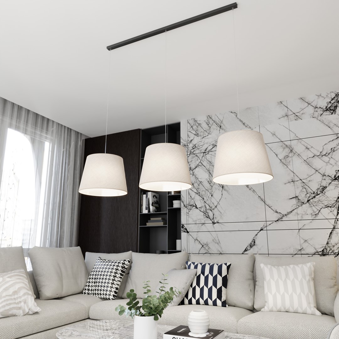 Epoca 116cm Beige hängelampe Von Emibig Lighting - Die Stoffschirme streuen das Licht sanft und schaffen eine warme und gem&uuml;tliche Atmosph&auml;re &ndash; perfekt f&uuml;r das Wohnzimmer, den Esstisch oder die K&uuml;che.