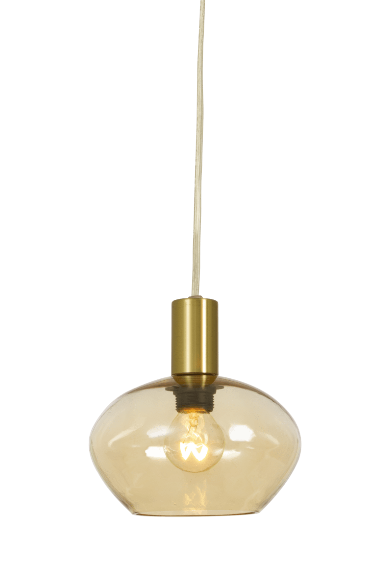 Bell Ø15 Mattes Messing fensterlampe Von Aneta Lighting - Gefertigt aus mattem Messing mit einem runden, bernsteinfarbenen Glasschirm, spendet sie ein sanftes und angenehmes Licht.