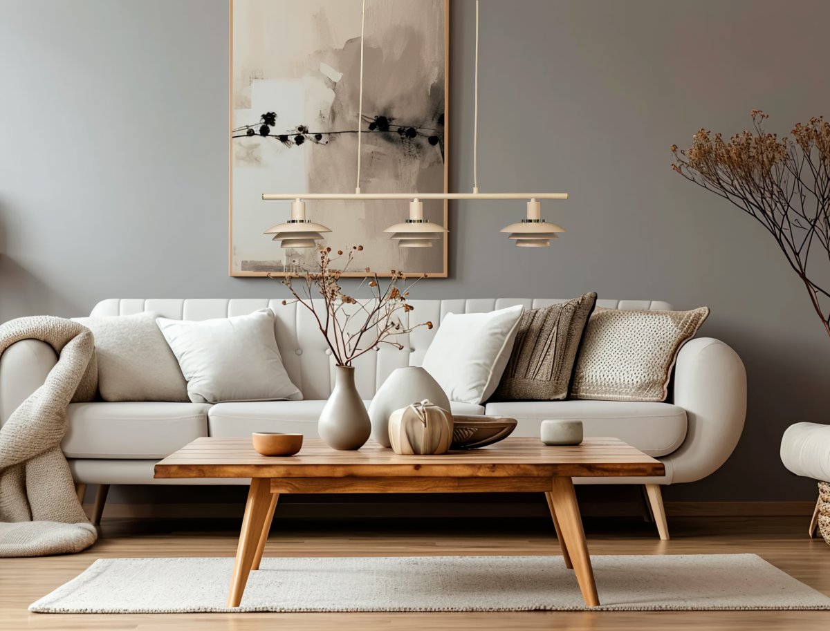 Epsilon 86cm Beige hängelampe Von Aneta Lighting - EPSILON ist die klassische Deckenleuchte, die mit ihren drei kleineren Schirmen einen moderneren Stil erh&auml;lt.