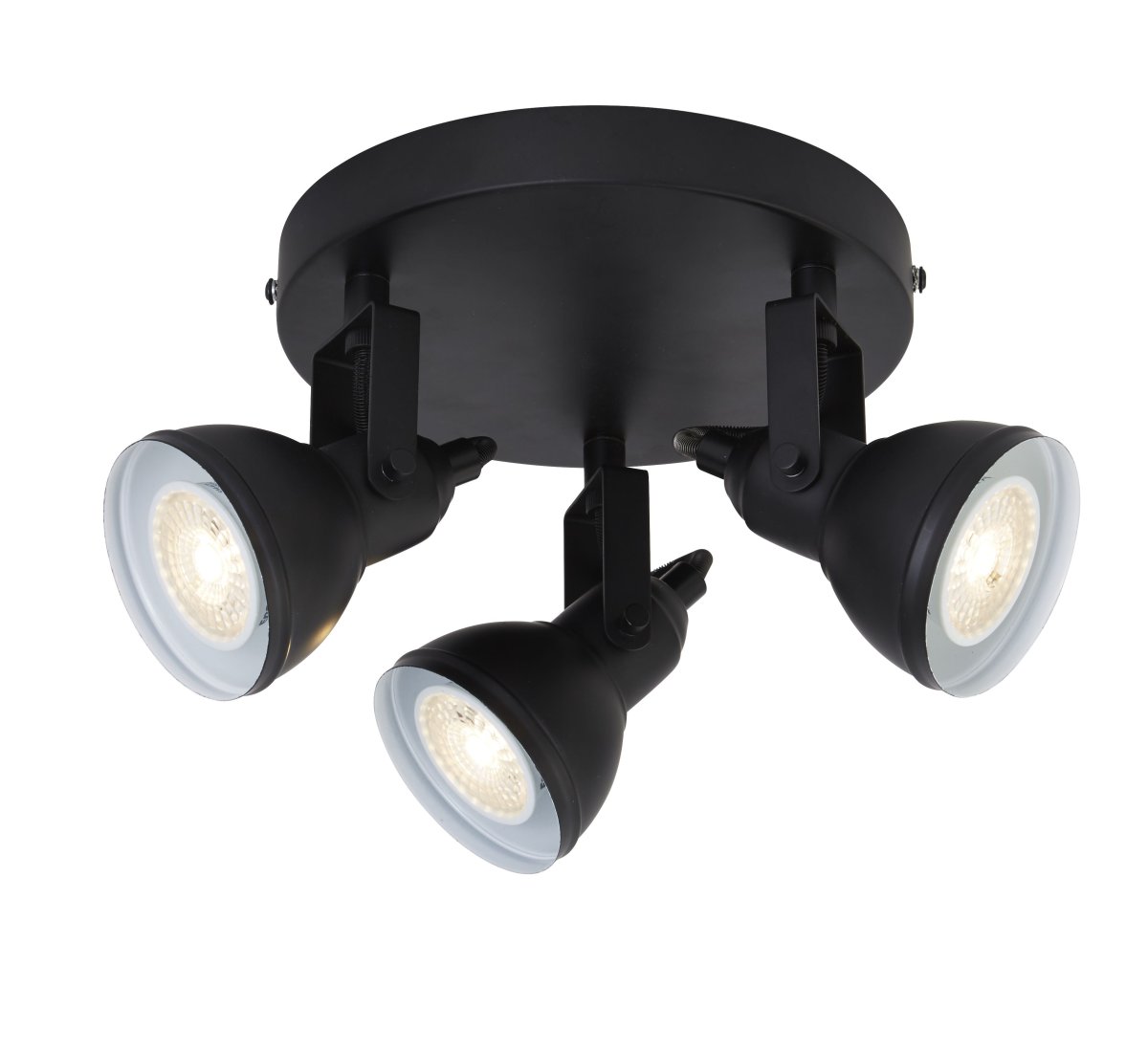Focus 3 Mattschwarz spotlight Von Searchlight - Der Focus-Strahler mit drei Lichtquellen ist an einer runden, schwarzen Metallplatte befestigt und eignet sich perfekt f&uuml;r kleinere R&auml;ume wie Schlafzimmer oder Home-Offices.