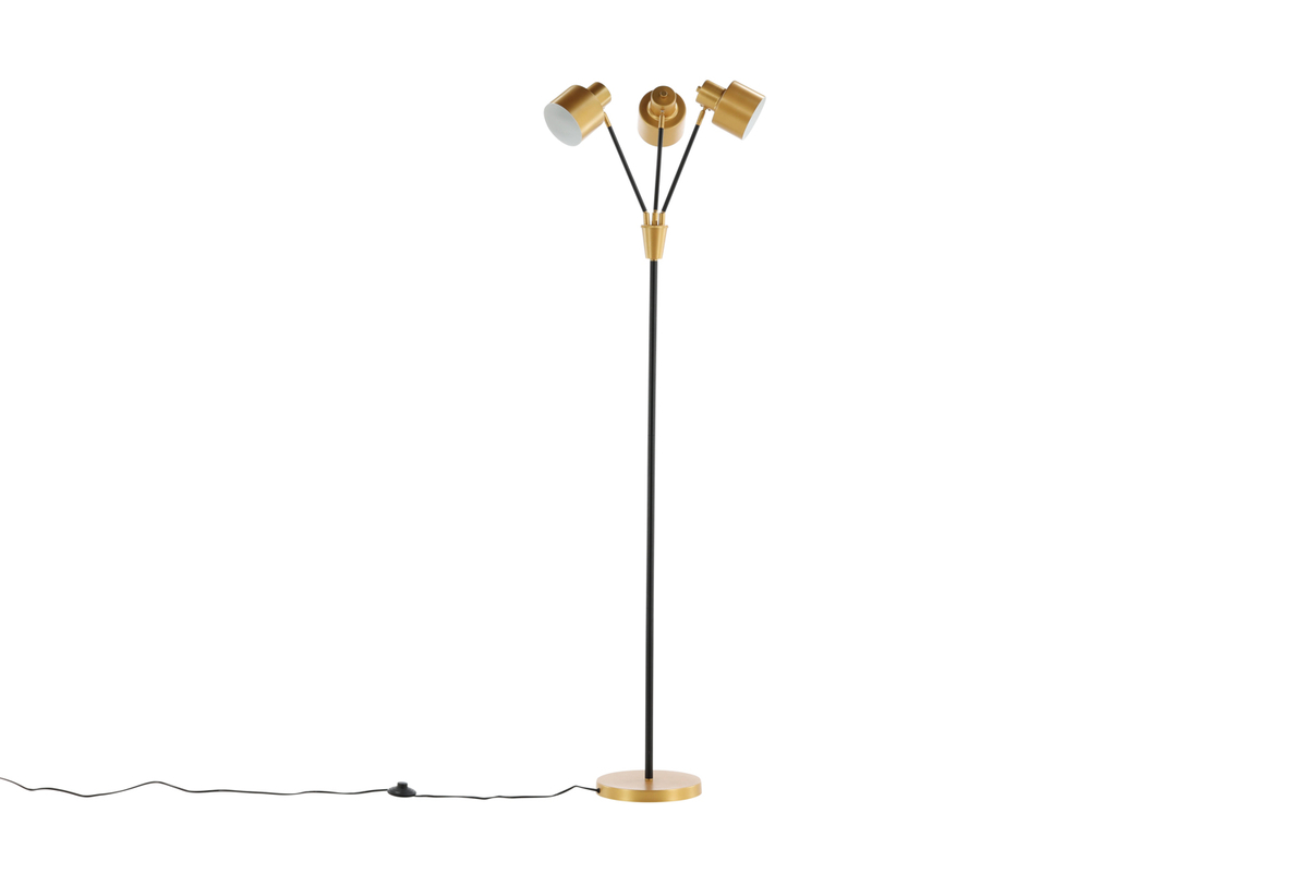 Vifta 3 Schwarz stehlampe Von Venture Design - Stehleuchte in Schwarz und Messing mit drei Schirmen, die je nach Bedarf eingestellt werden k&ouml;nnen.