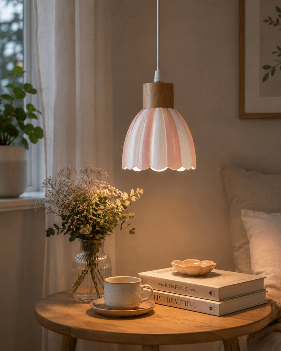 Poppy Ø15 Rosa/weiß fensterlampe Von Pixie Design - Poppy ist eine charmante Fensterlampe aus Keramik mit sanft gerundeter Form und dekorativen Holzdetails, die ihr eine nat&uuml;rliche Note verleihen.