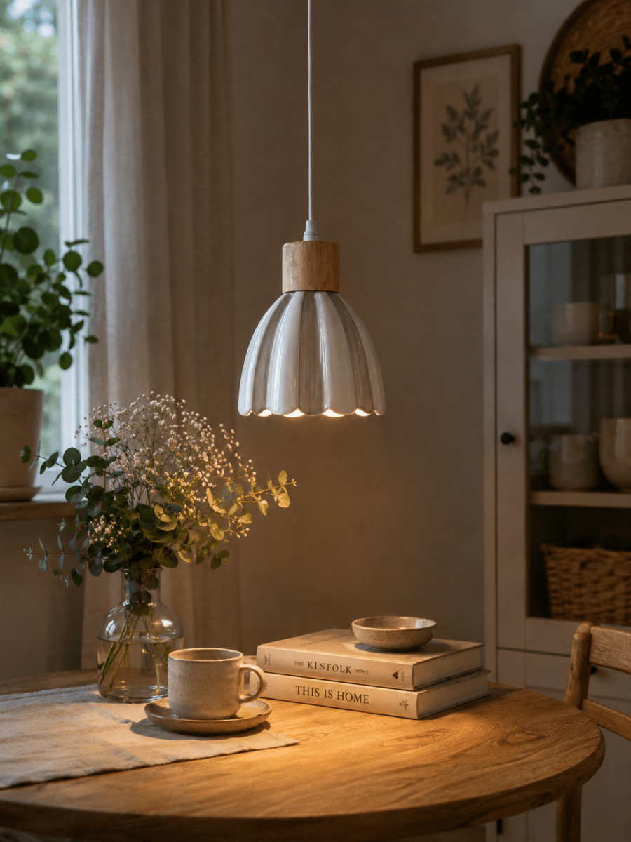 Poppy Ø15 Weiß/Beige fensterlampe Von Pixie Design - Poppy ist eine charmante Keramik-Fensterleuchte mit sanft gerundeter Form und dekorativen Holzdetails, die ihr eine nat&uuml;rliche Note verleihen.