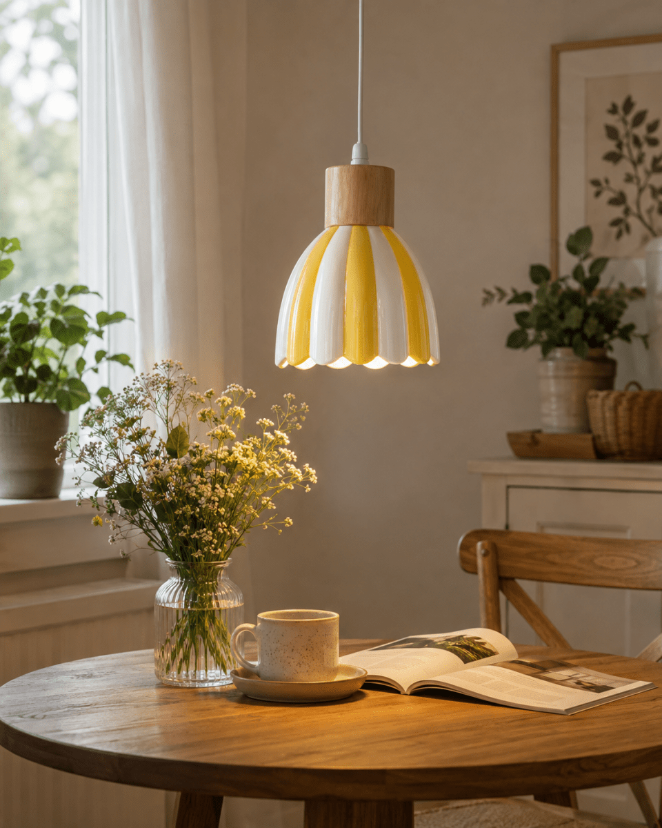 Poppy Ø15 Gelb/weiß fensterlampe Von Pixie Design - Poppy ist eine charmante Fensterlampe aus Keramik mit sanft gerundeter Form und dekorativen Holzdetails, die ihr eine nat&uuml;rliche Note verleihen.