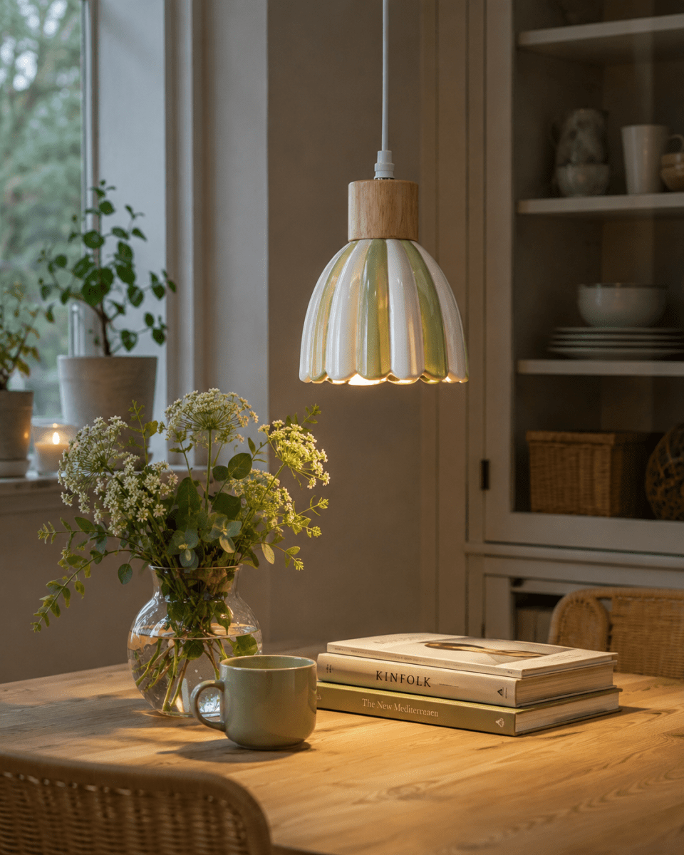 Poppy Ø15 Grün/Weiß fensterlampe Von Pixie Design - Poppy ist eine charmante Keramik-Fensterleuchte mit sanft gerundeter Form und dekorativen Holzdetails, die ihr eine nat&uuml;rliche Note verleihen.