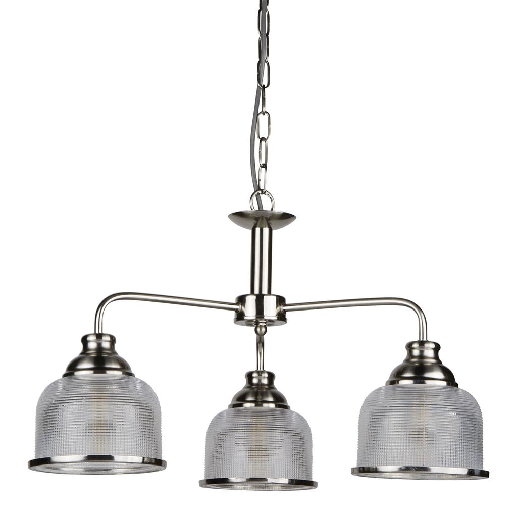 Bistro Ø56 Silber hängelampe Von Searchlight - Die drei Schirme aus mattiertem, geriffeltem Glas im Holophan-Stil sorgen für eine gleichmäßige und angenehme Lichtverteilung und erzeugen ein lebendiges Lichtspiel.