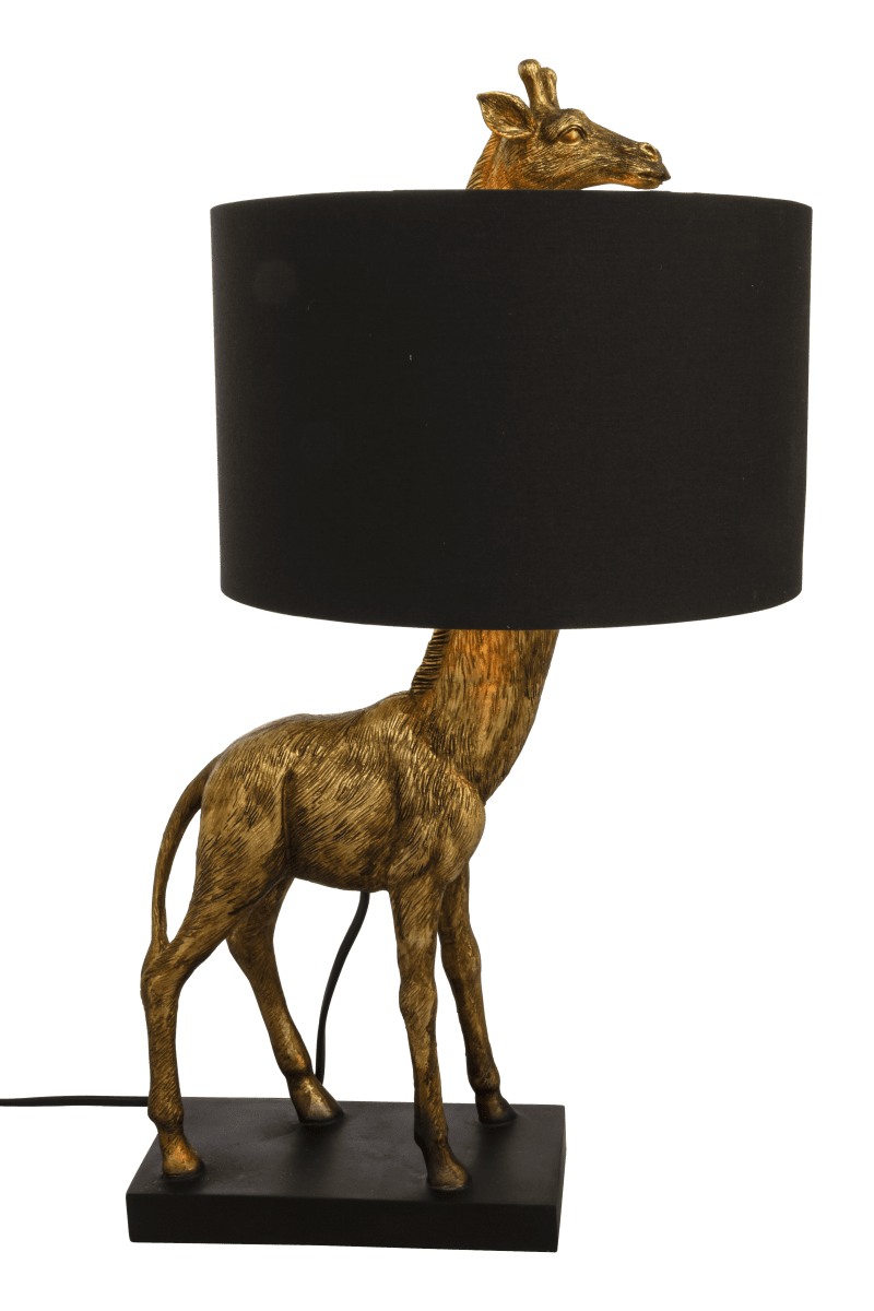 Affe 50cm Gold tischlampe Von Aneta Lighting - Affe-Tischleuchte mit schwarz lackiertem Metall-Lampenfu&szlig; und einer dekorativen goldfarbenen Giraffe, deren Kopf durch den Textilschirm ragt.