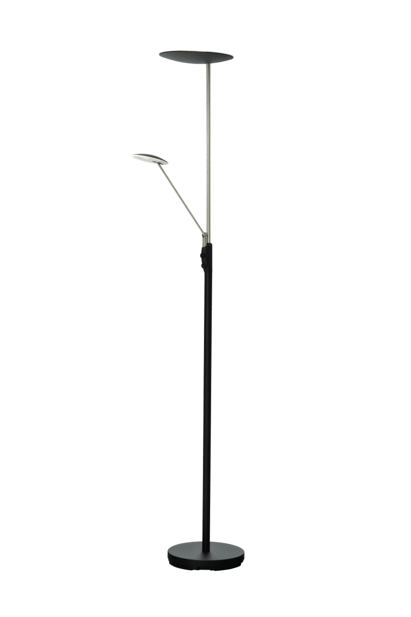 Cadiz Schwarz/Stahl stehlampe Von Aneta Lighting - Das Ein- und Ausschalten des Lichts erfolgt über zwei Dimmer an der Leuchte, einer reguliert das Licht oben und einer für den Lesearm, der ebenfalls verstellt werden kann.