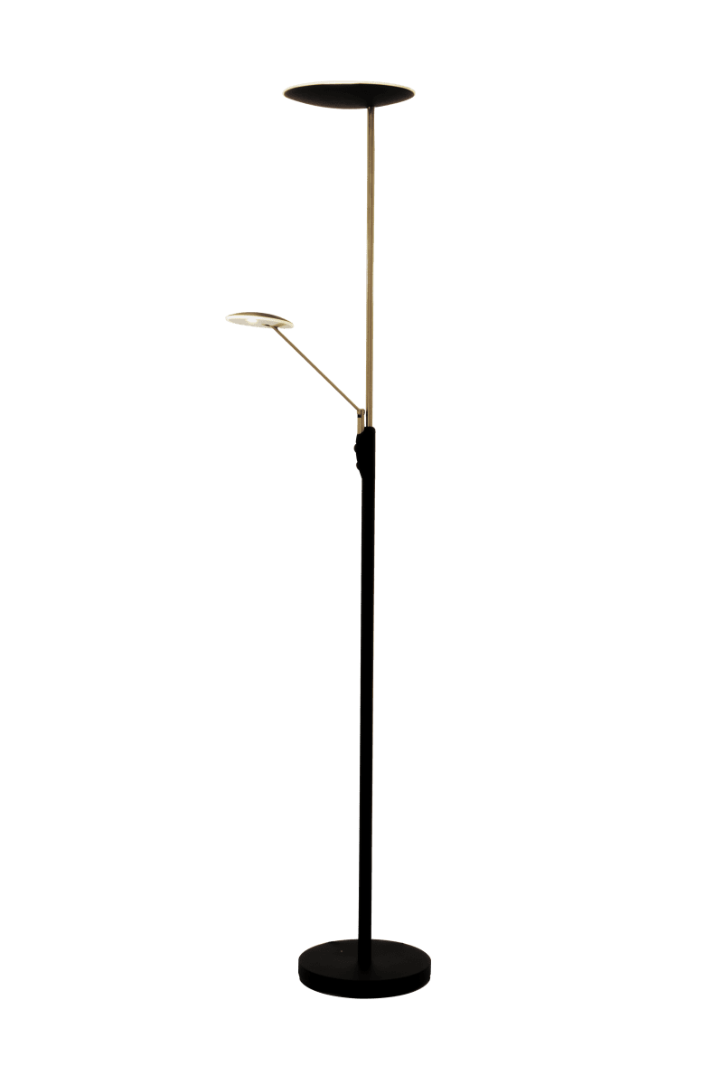 Cadiz Schwarz/Messing stehlampe Von Aneta Lighting - Das Ein- und Ausschalten des Lichts erfolgt über zwei Dimmer an der Leuchte, einer reguliert das Licht oben und einer für den Lesearm, der ebenfalls verstellt werden kann.