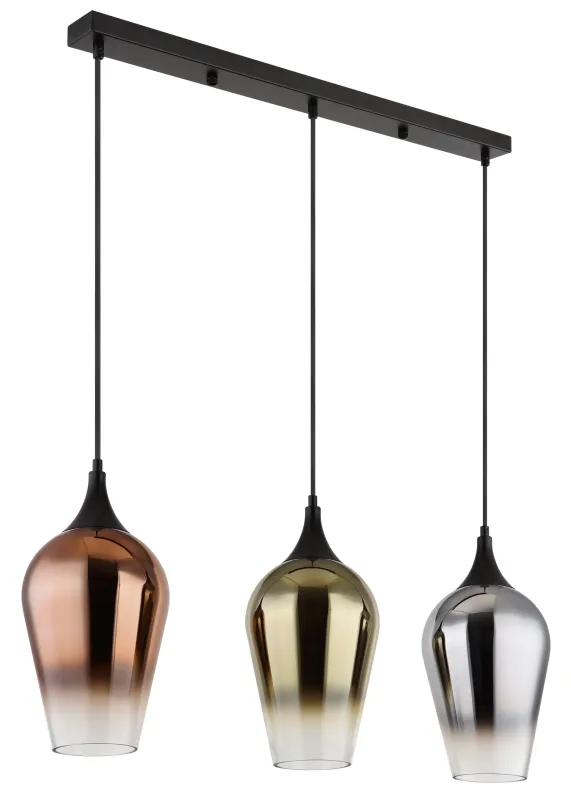 Lavus 83cm Schwarz hängelampe Von Globo Lighting - Lavus &auml;r en elegant taklampa med tre dekorativa glaskupor i koppar-, guld- och kromfinish, vilket ger lampan en modern och stilfull karakt&auml;r.
