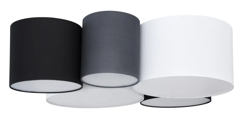 Makki 90cm Mehrfarbig deckenleuchte Von Globo Lighting - Lampan har en unik design med fem cylindriska textilsk&auml;rmar i olika storlekar, varav tv&aring; &auml;r vita, tv&aring; svarta och en gr&aring;.