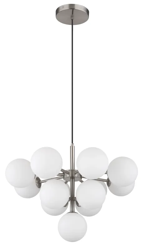 Grappy Ø56 Nickel hängelampe Von Globo Lighting - Grappy taklampa blir en stilfull och lyxig detalj i varje rum med sin glamor&ouml;sa design och de 13st opalf&auml;rgade&nbsp;glaskulorna.