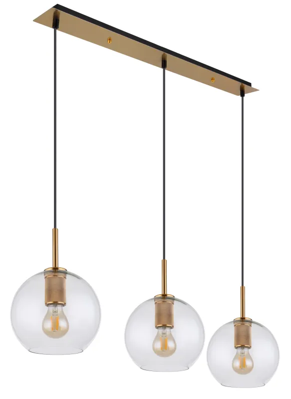 Adara 140cm Gold hängelampe Von Globo Lighting - De tre glasgloberna h&auml;nger i justerbara rep och kan anpassas i h&ouml;jd upp till 1,2 meter, vilket ger flexibilitet i belysningen.