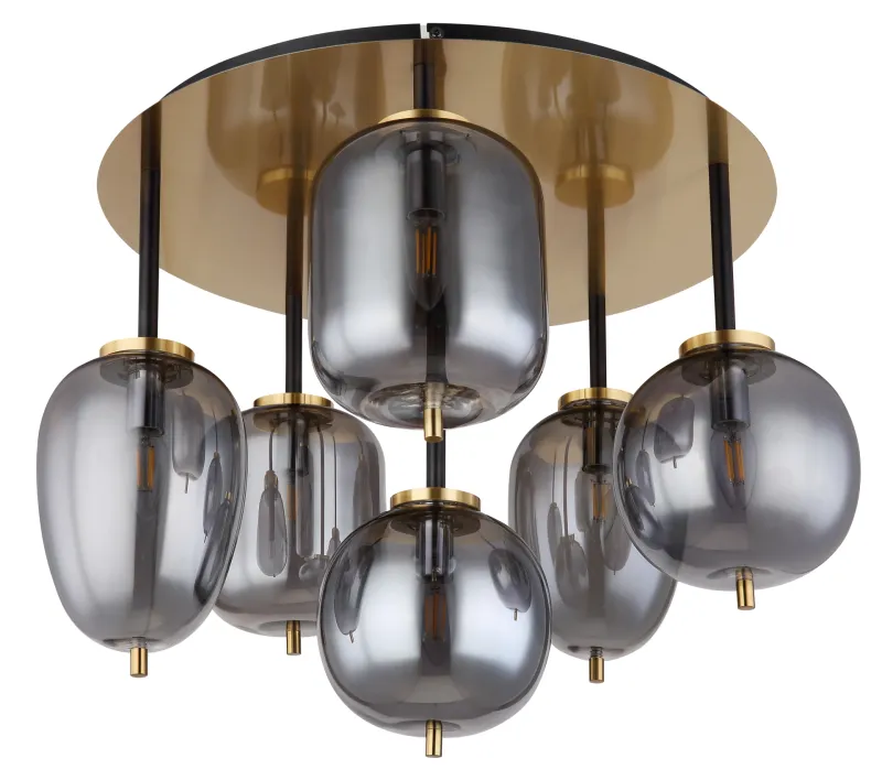 Blacky Ø63 Messing deckenleuchte Von Globo Lighting - Lampan &auml;r utrustad med 6st r&ouml;kf&auml;rgade glaskupor i olika former, som h&auml;nger fr&aring;n taket p&aring; mattsvarta st&auml;nger f&auml;sta vid en m&auml;ssingsf&auml;rgad bas.