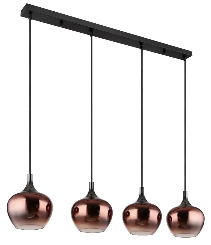 Maxy 100cm Kupfer hängelampe Von Globo Lighting - Den mattsvarta och krompl&auml;terade metallstommen ger lampan en modern och sofistikerad look, medan de kopparf&auml;rgade glaskuporna med en klar och tonad gradient skapar en unik ljusupplevelse.