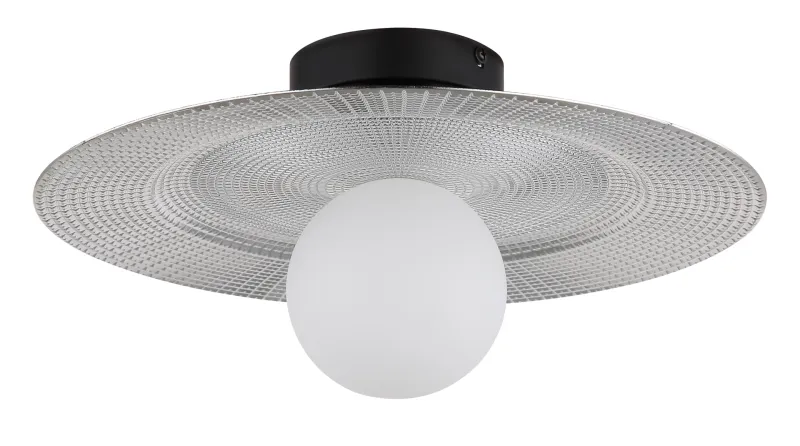 Riga Ø33 Silber deckenleuchte Von Globo Lighting - Lampan &auml;r tillverkad av mattsvart metall och den platta sk&auml;rmen i plast med nyanser av svart, silver och opal ger den en modern och sofistikerad design.